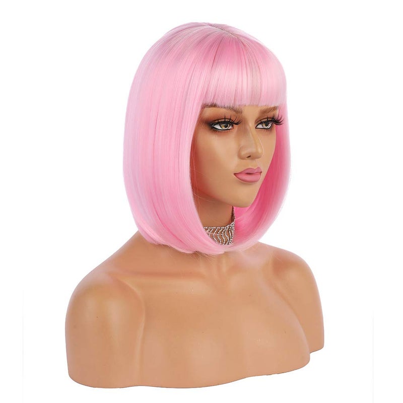 eNilecor Short Bob Hair Wigs 12" Straight with Flat Bangs Synthetic Colorful Cosplay Daily Party Wig for Women Natural As Real Hair+ Free Wig Cap (Light Pink) - Image 2